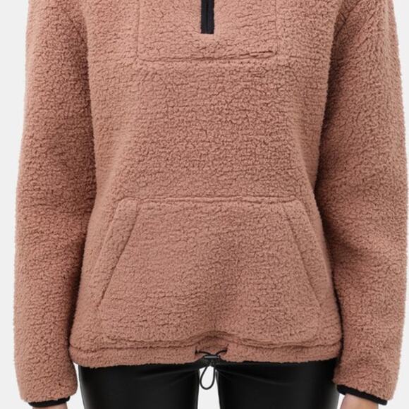 Sherpa Fleece Quarter Zip Pullover Kangaroo Pocket Cinch Waist Sweater Womens - Picture 4 of 6